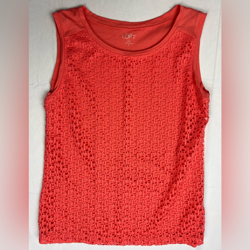 LOFT Petite Small Crochet Lace Front Tank Top Coral Red Sleeveless Cotton Blend